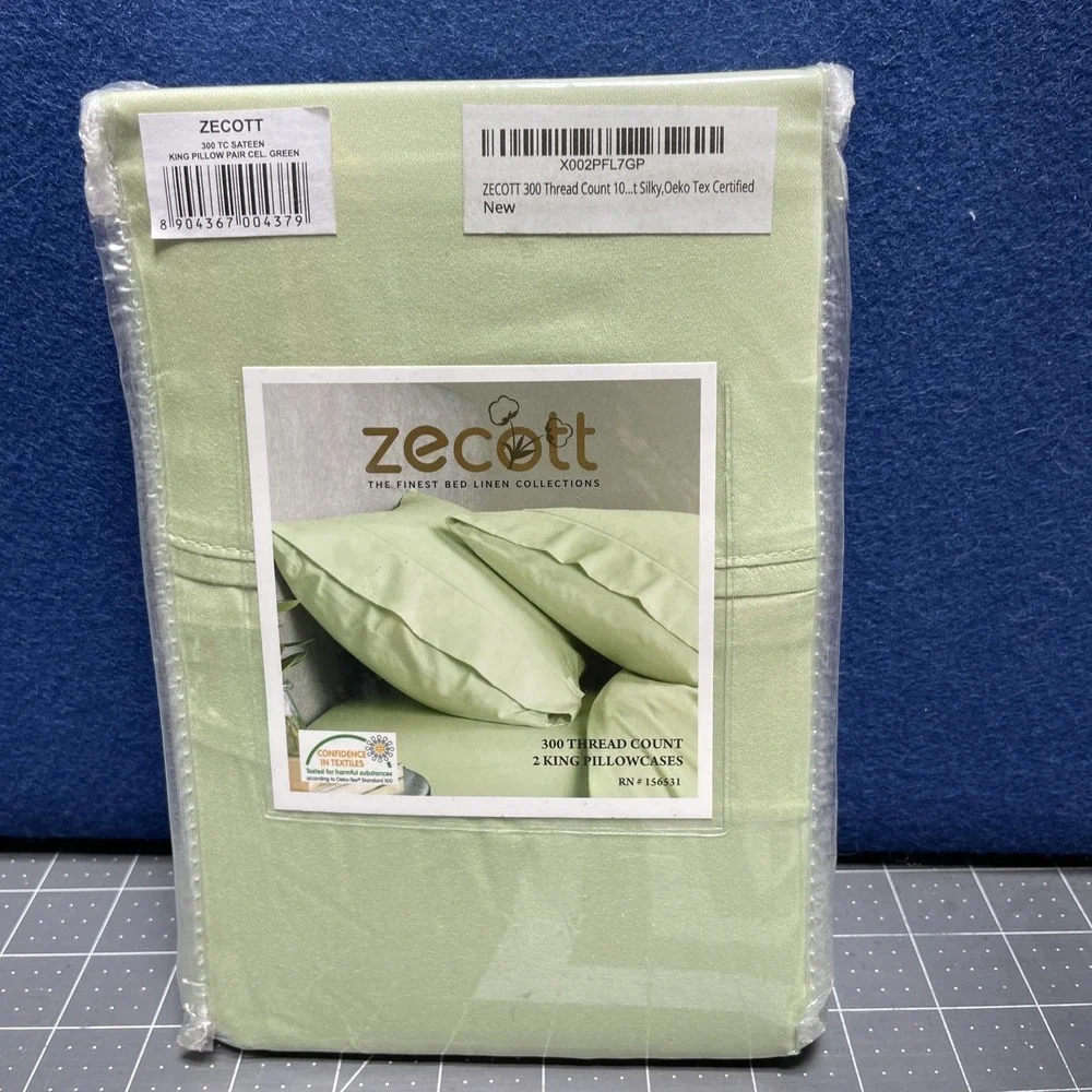 2 King Pillowcases 300‎ Thread Count Sateen Green Pillowcase Set NOS